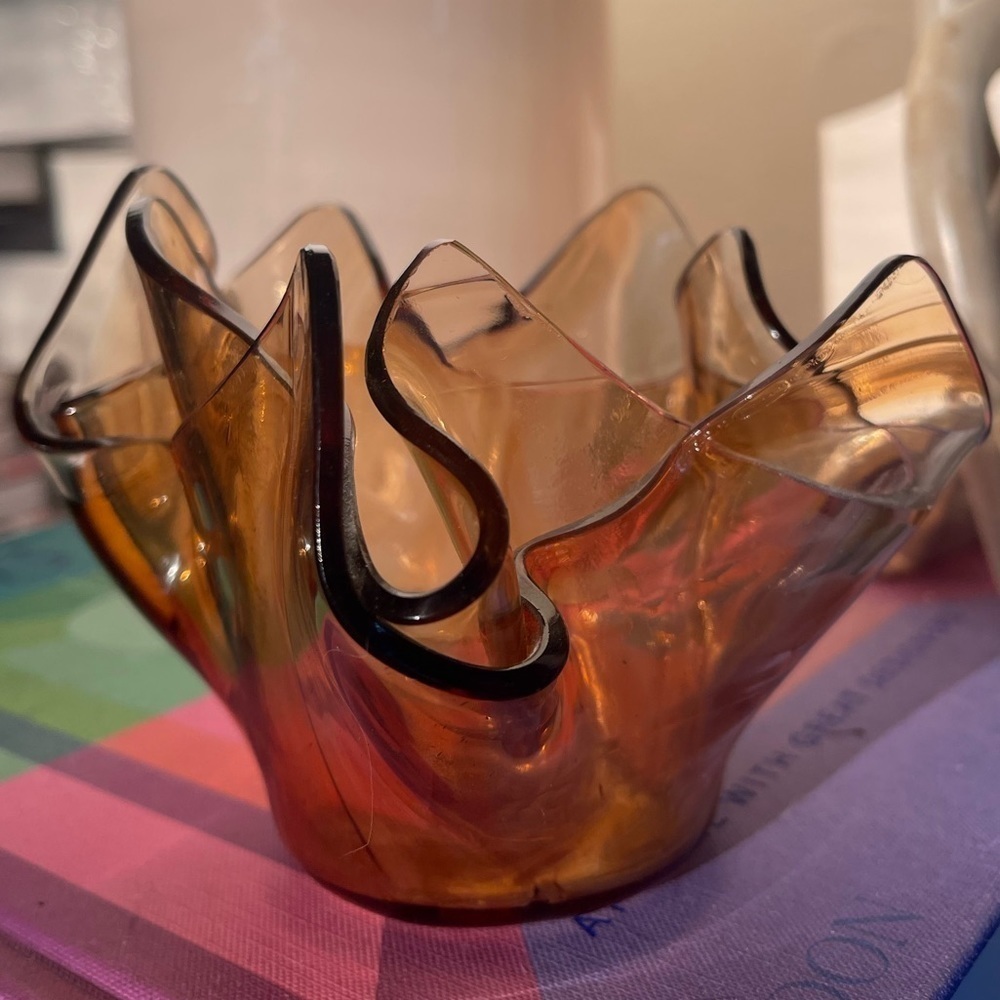 AMBER Fused Glass Handkercheif Edge Bowl MCM